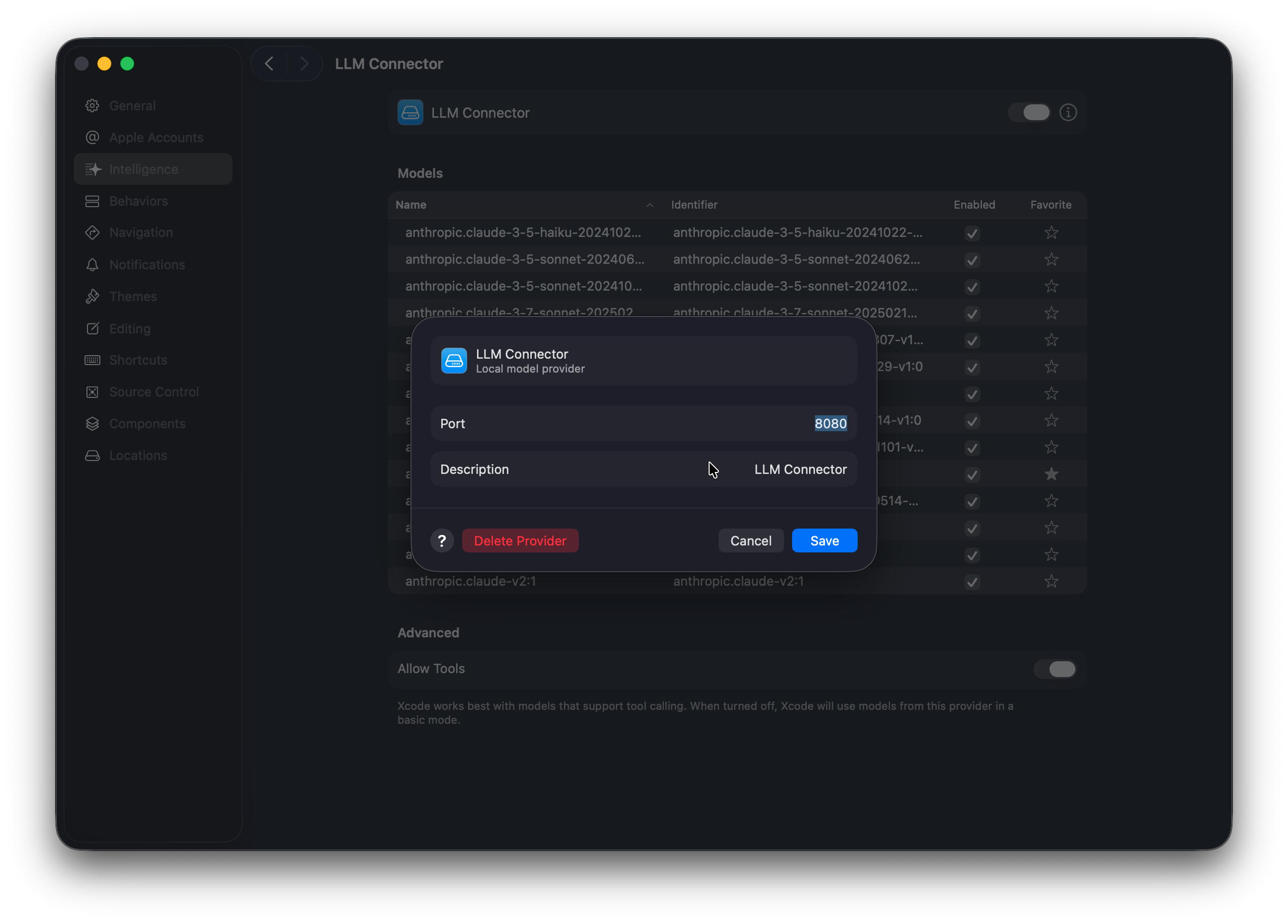 LLM Connector setup in Xcode